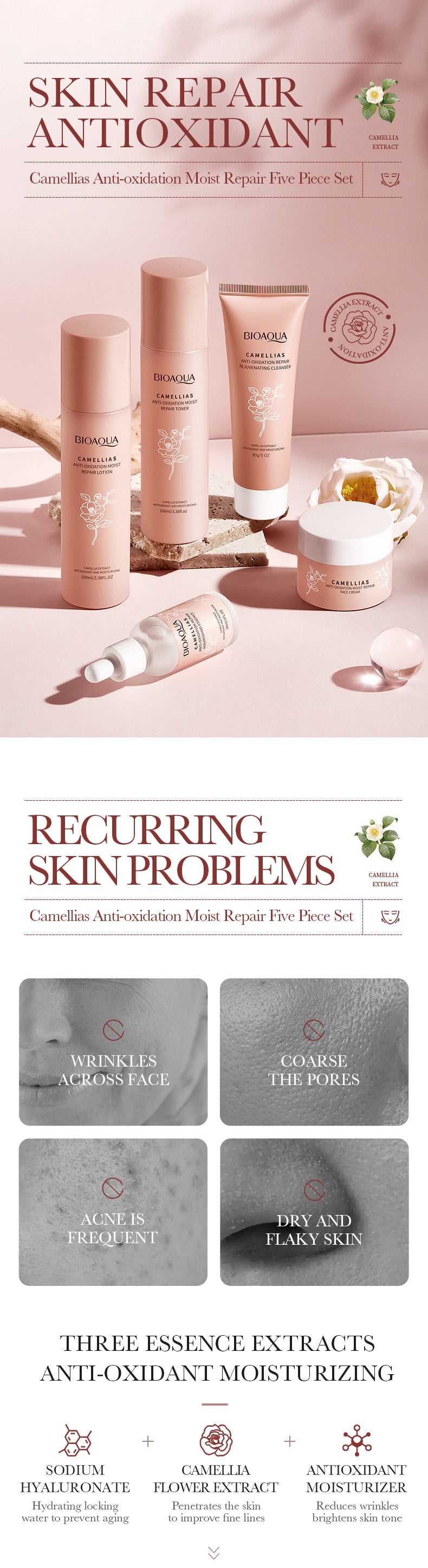 Full English Camellia Five-piece Set BIOAOUA Hydrating and Moisturizing Skincare Set  Wholesale