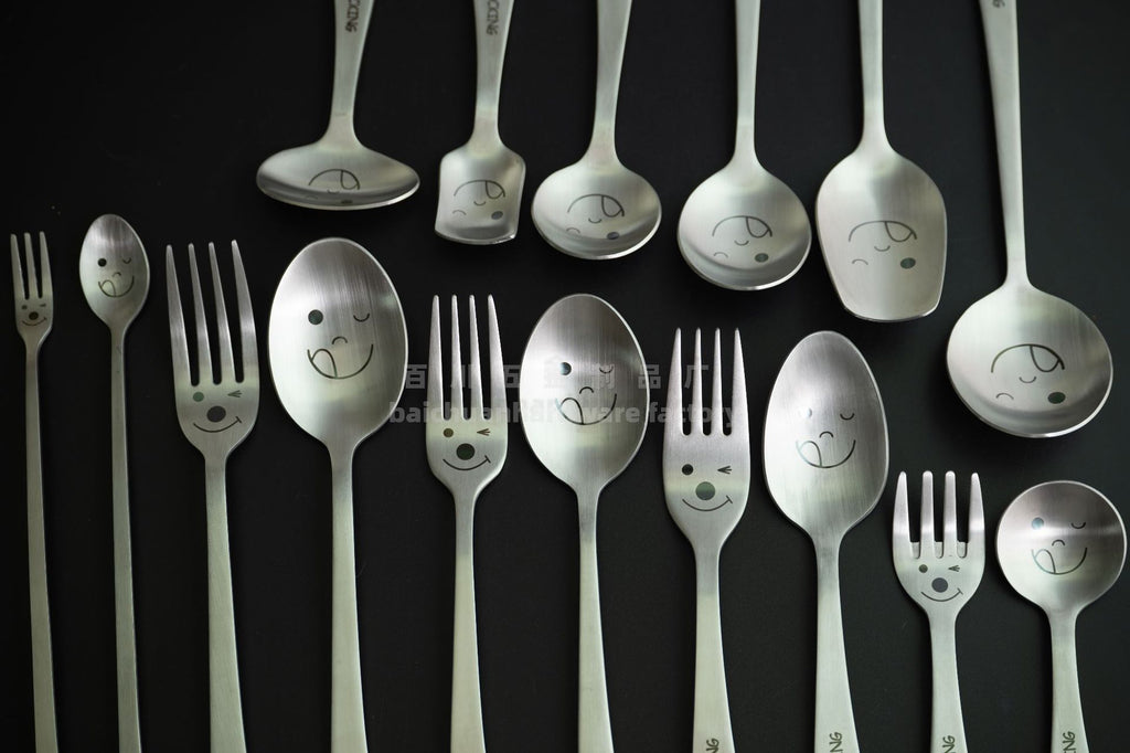 304Stainless Steel Creative Smiley Face Slanted Handle Laser Spoon Chopsticks Fork Student Tableware Full Set Gift Children's Tableware