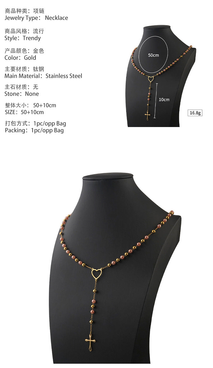 2025Autumn Winter New Style Personality Cross Titanium Steel Necklace Light Luxury Niche Stainless Steel Beaded Sweater Chain for Women