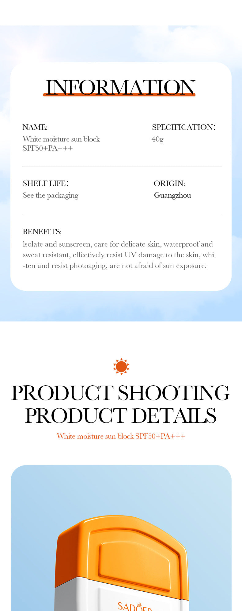 Sunscreen40g SADOER Lightweight Moisturizing Primer SPF50+Hydrating Clear Cross-Border Wholesale