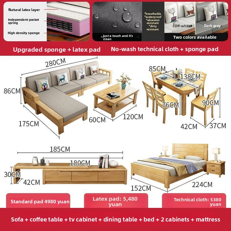 Modern Chinese Style Light Luxury Living Room Solid Wood Sofa Set Small Apartment Three-Seater Rural Wooden Fabric Sofa Bed