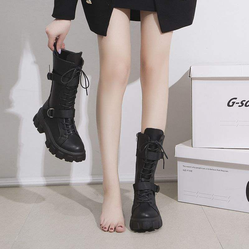 Elevator shoes COS Universal Martin Boots for Women British Style2025New Thick-Soled Motorcycle Rider Mid-Calf Boots Large Size