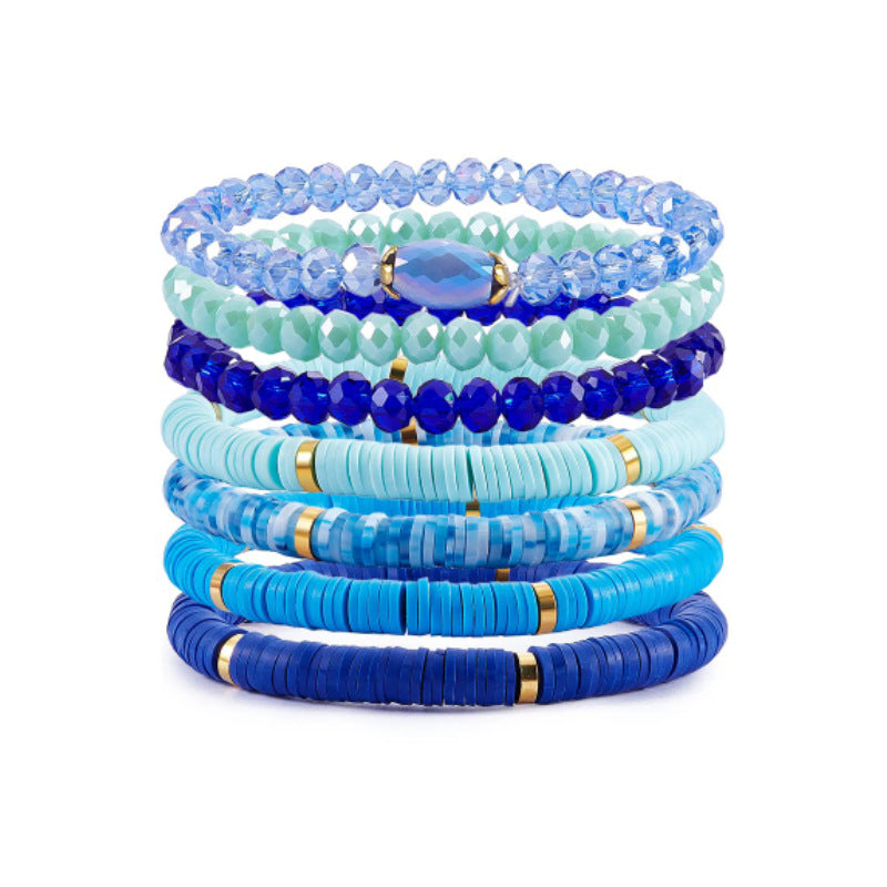 Women's Layered Soft Clay Bracelet Set of Seven Elastic Cord Friendship Bracelets Bohemian Crystal Soft Clay Bracelets
