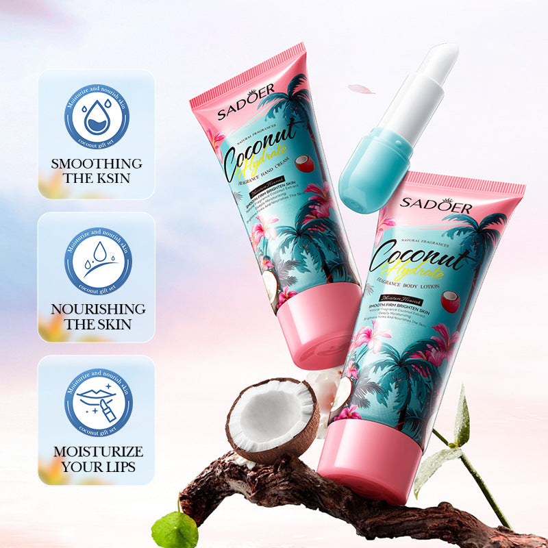 Full English Coconut Fragrance Luxury Care Gift Box SADOER Hydrating Body Lotion Hand Cream Lip Balm  Wholesale