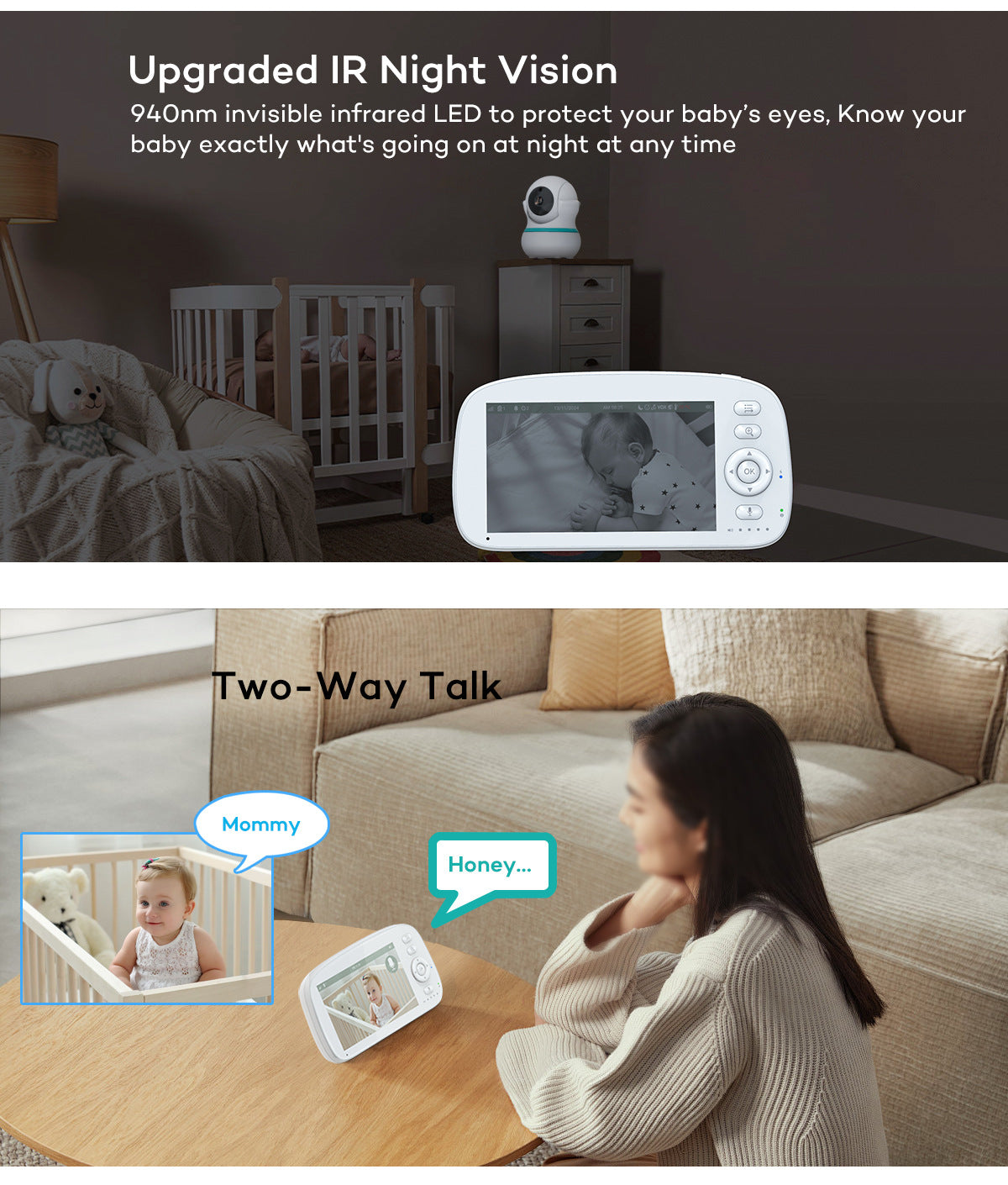 2025New360Shaking Head5Inch854p Baby Monitor Smart Baby Monitor Care