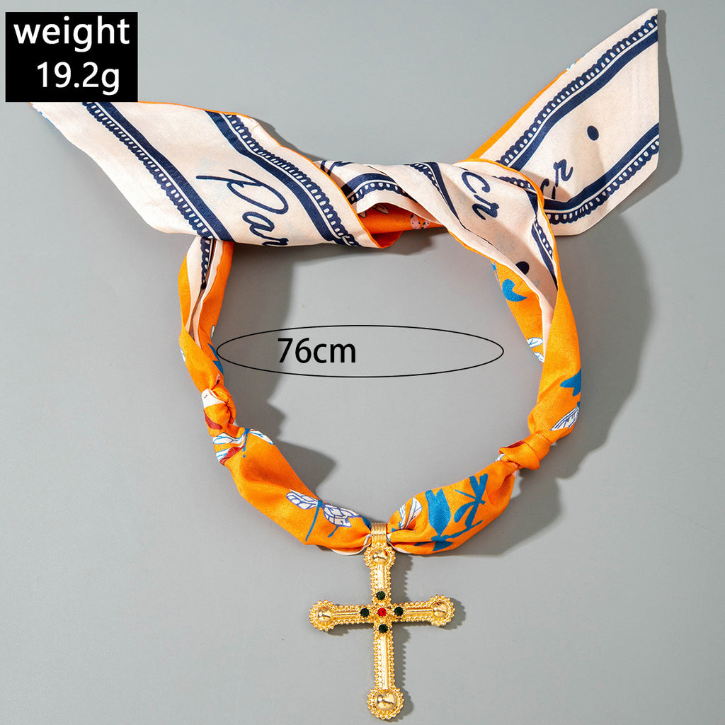 European and American Style Long Silk Scarf Necklace, Light Luxury High-End Feel, Multiple Pendants, Pearl Colorful Silk Scarf Necklace