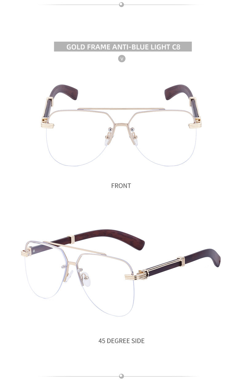 Frameless Glasses for Men High-End European and American Retro Imitation Wood Grain Temple Sunglasses UV Protection Personality Sunglasses