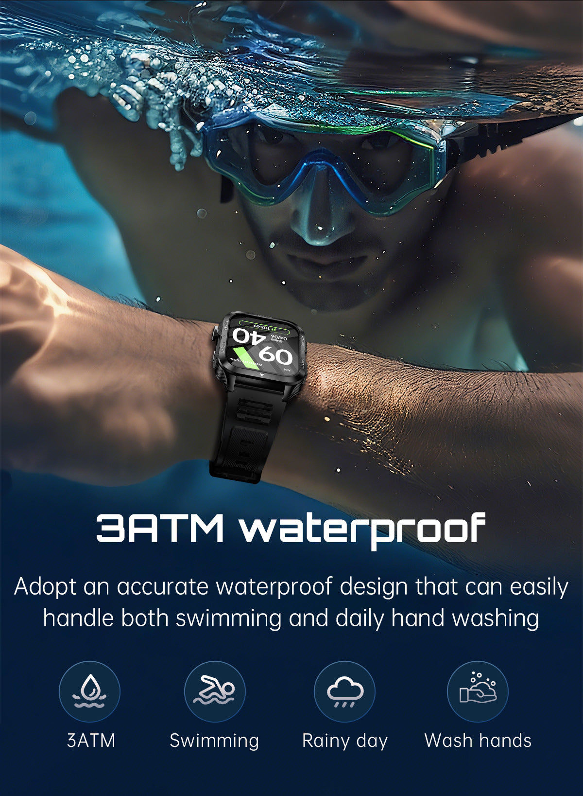 KT89Smart Watch Bluetooth Call True Heart Rate Step Sleep Flashlight Deep Waterproof Three-Proof Sports Reminder