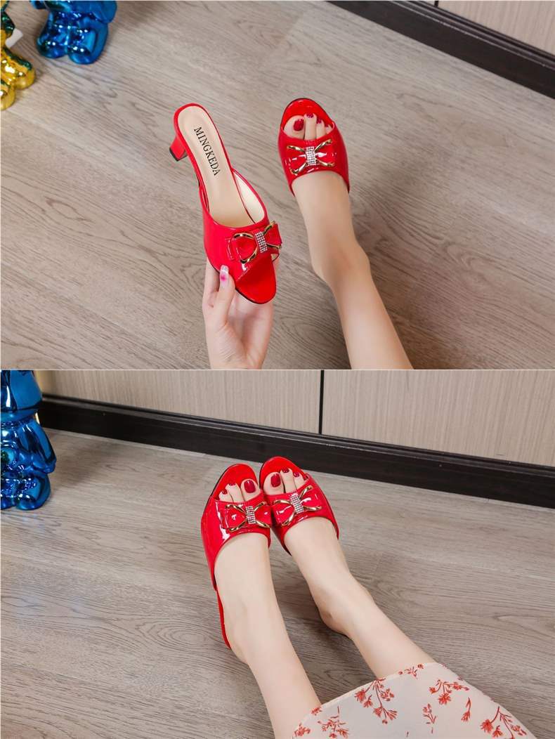 Korean Version Fashion Versatile Bowknot Thin Heel High Heels Women's Outdoor Wear Mid Heel Peep Toe Slippers Large Size Sandals Women's Shoes