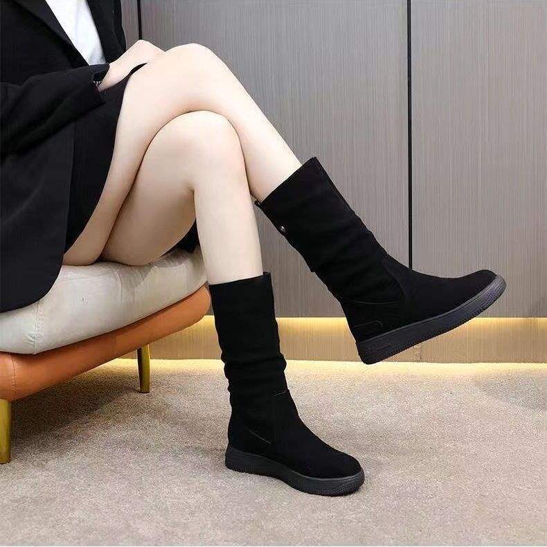 Thick-Soled Non-Slip Suede High Boots for Women, Thick Fleece Winter Mid-Calf Boots, Flat Snow Boots, Warm Cotton Shoes, Martin Boots