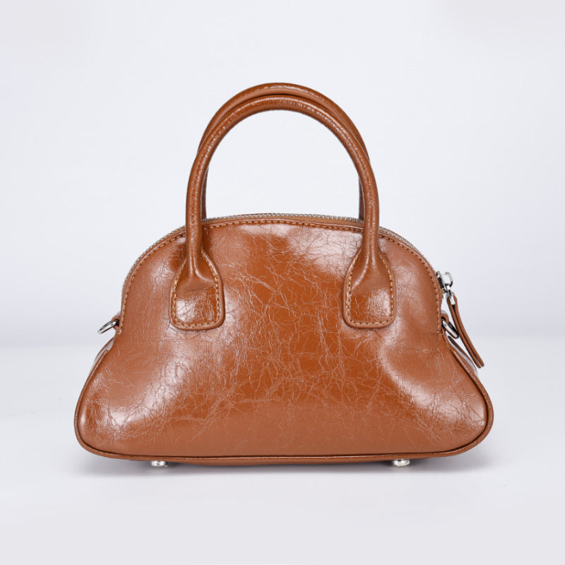 Korean Style Niche Design Spring Summer New Handbag Retro Sweet Oil Wax Leather Fashion Women's Bag Single Shoulder Crossbody Bag