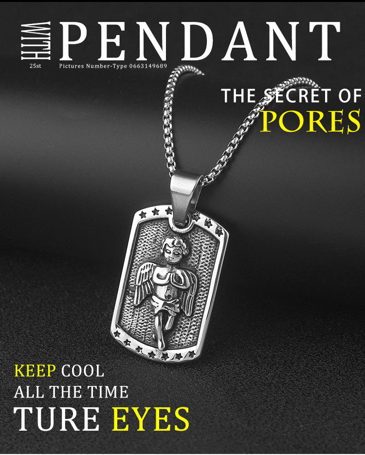 New Stainless Steel Square Angel Pendant Necklace for Men, Vintage Style, Titanium Steel Pendant, Factory Wholesale