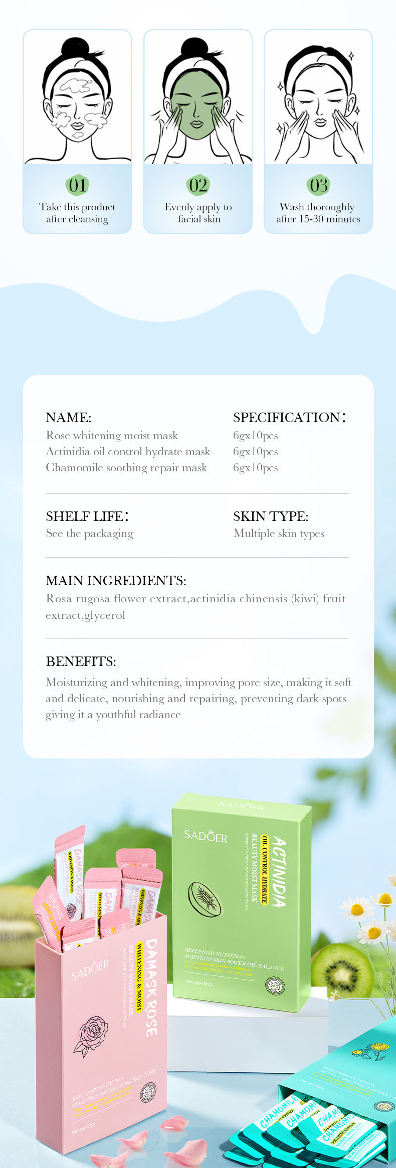 Cross-border Mud Mask Box Set SADOER Kiwi Hydrating Chamomile Smear Mask Foreign Trade Skin Care Products Wholesale