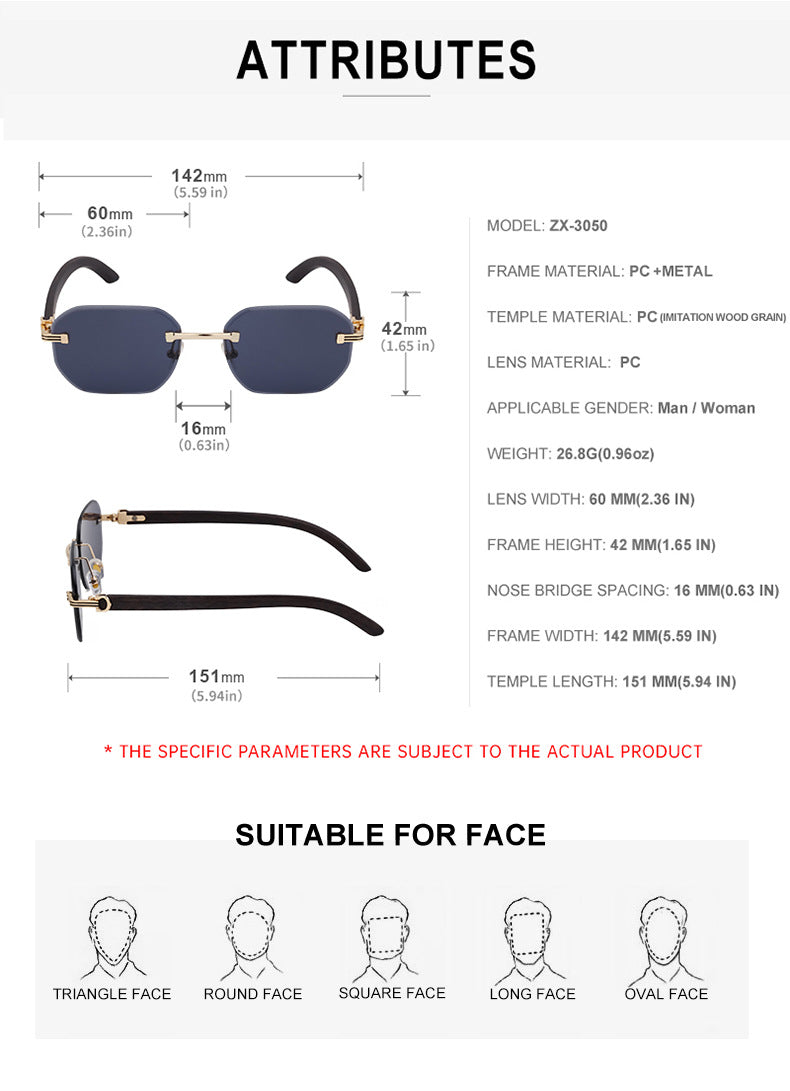 【Customization】Diamond Cut Rimless Glasses for Men, European and American Retro Style, Imitation Wood Grain Temple Sunglasses, Sun Protection Sunglasses