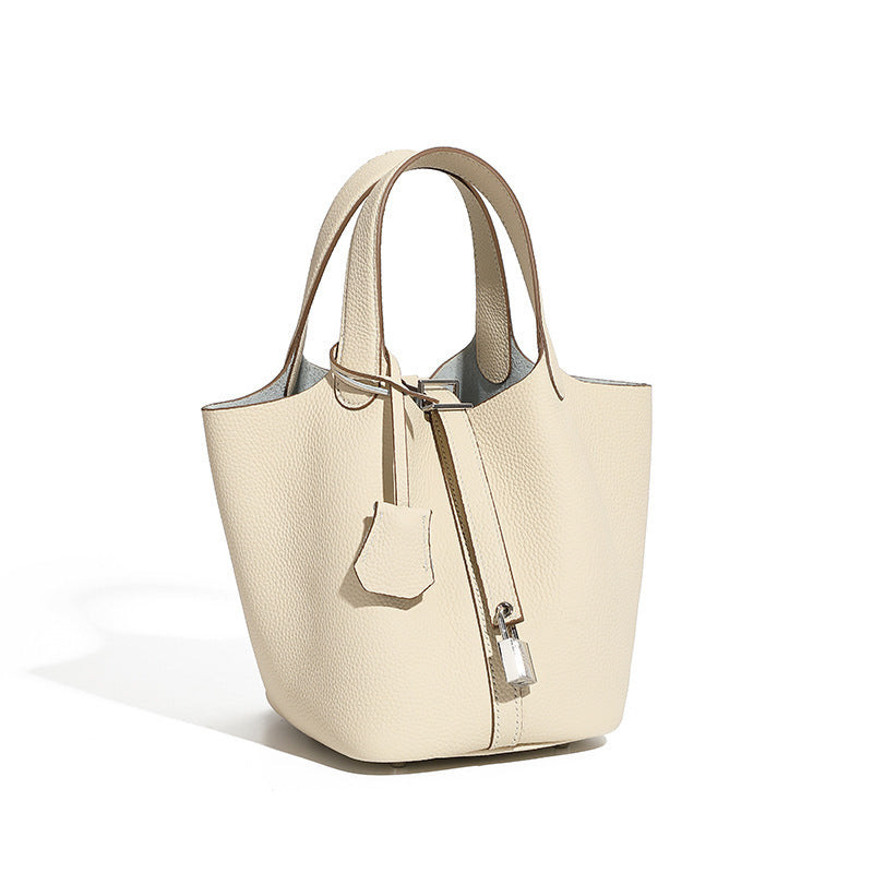 Top Layer Cowhide Vegetable Basket Bag for Women, Light Luxury Versatile Handbag, Niche Design, High-Quality Texture, Large Capacity Bucket Bag