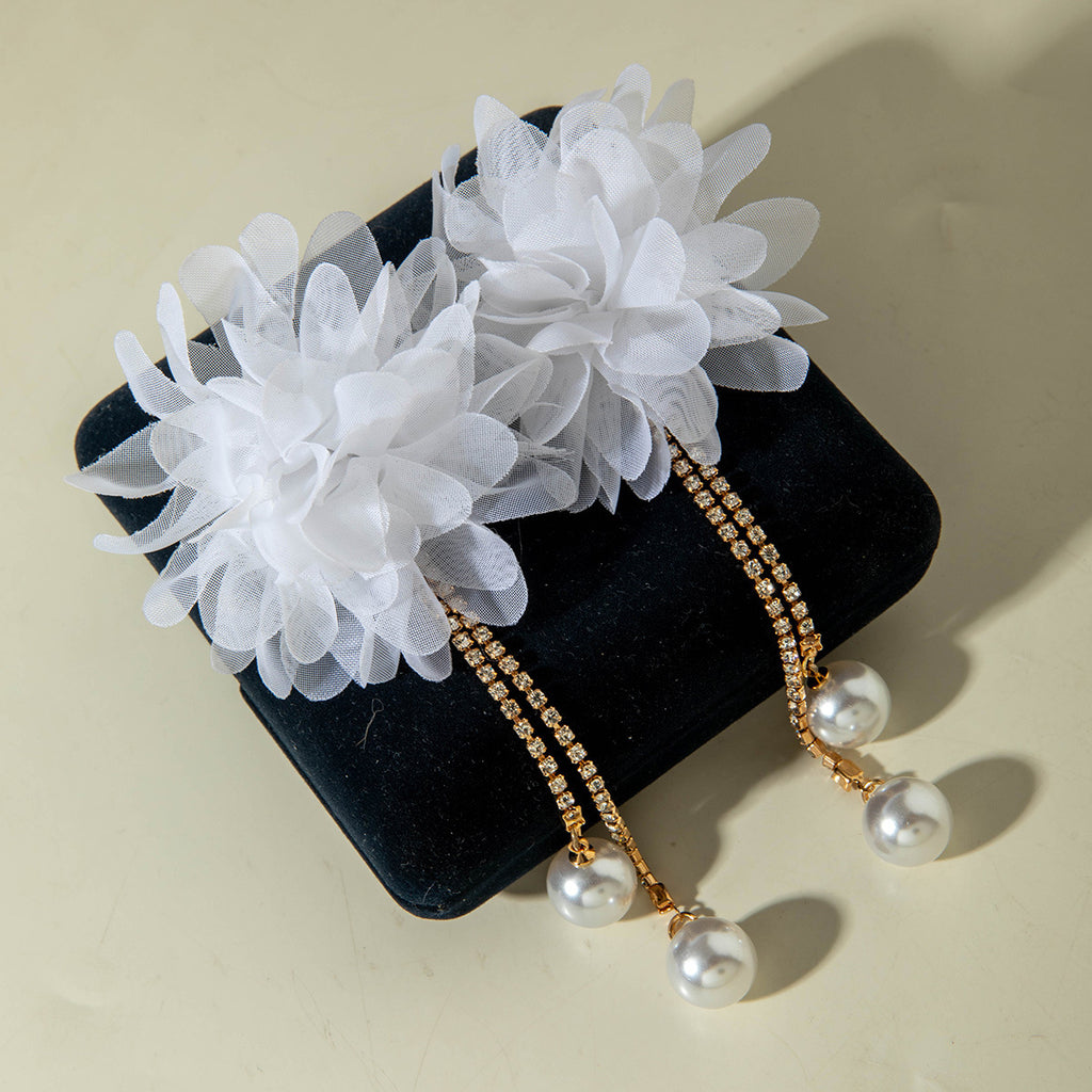 European and American Style Exaggerated Imitation Pearl Tassel Flower Earrings Fresh and Elegant Temperament Earrings for Women