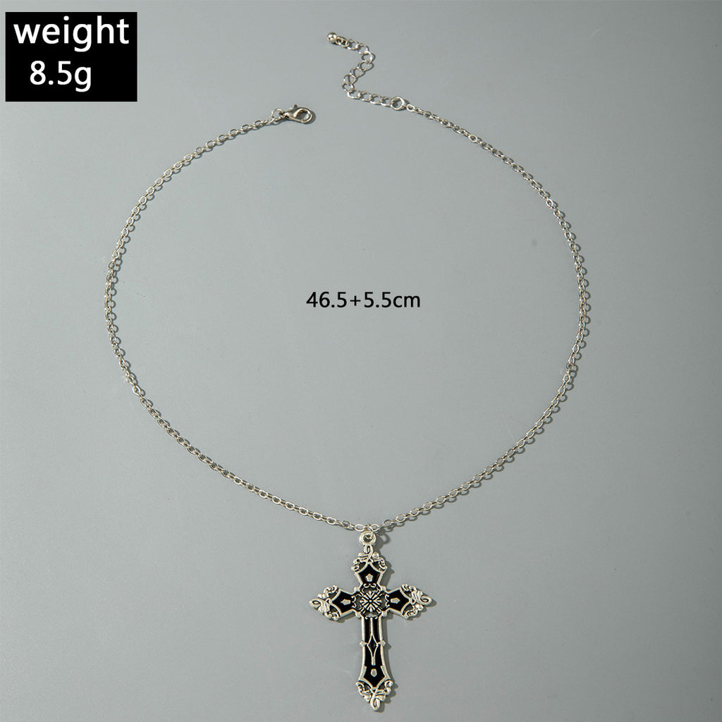 European and American Retro Hollow Diamond Cross Pendant Necklace Gothic Style Black Layered Wear Y Type Necklace