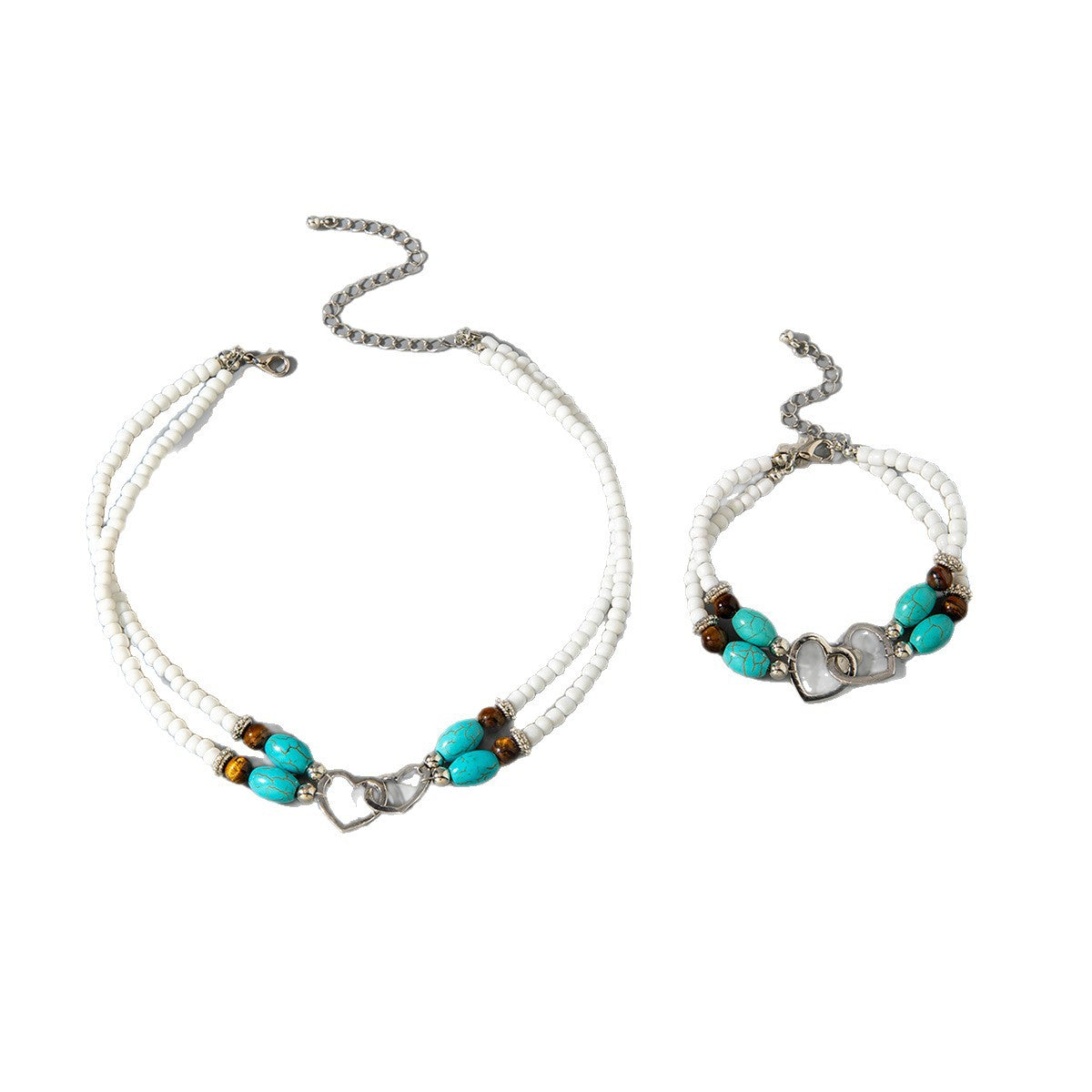 Wholesale Bohemian Vacation Style Rice Bead Turquoise Jewelry Set Metal Heart Jewelry