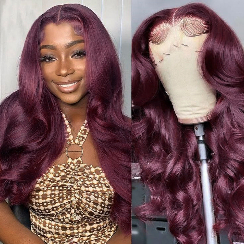 Cross-border Hot-Selling Forehead Hand-Crocheted Wine Red Wig 13*4 body wave front lace fiber w