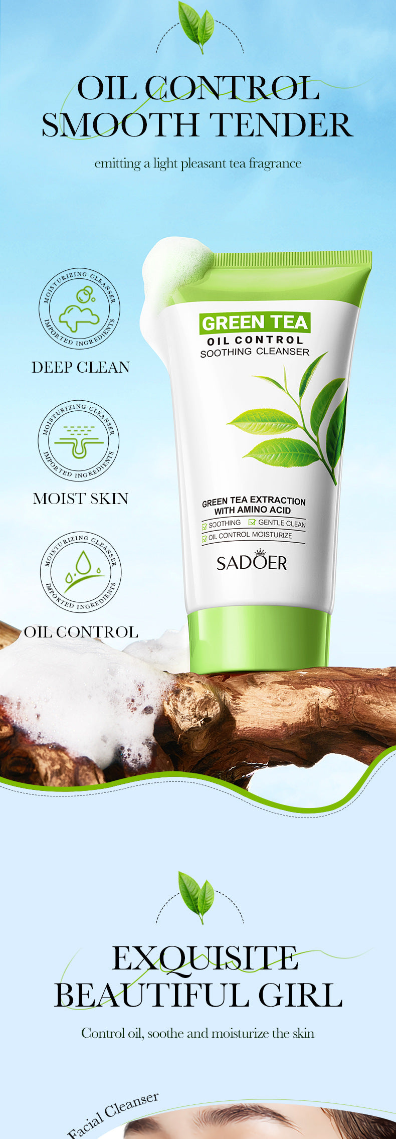 Full English Facial Cleanser150g SADOER Green Tea Cleansing Peach Moisturizing Cleanser  Wholesale