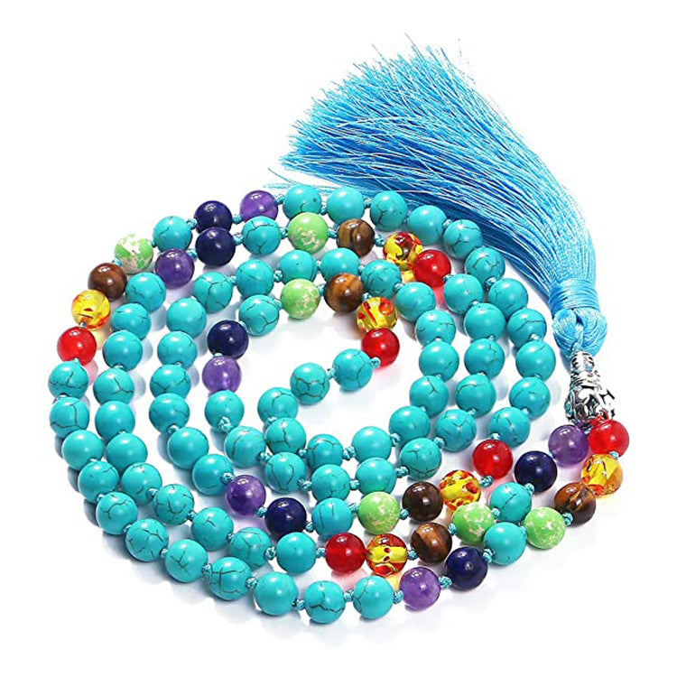 Men's Stone Tassel Long Bracelet108Beaded Bohemian Style Blue Agate Tassel Long Bracelet