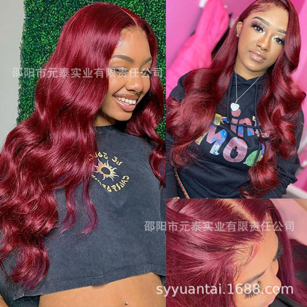 99J Front Lace Wig Big Waves Full Head Daily Women Long Curly Hair High Temperature Fiber Synthetic Wig Air Bangs