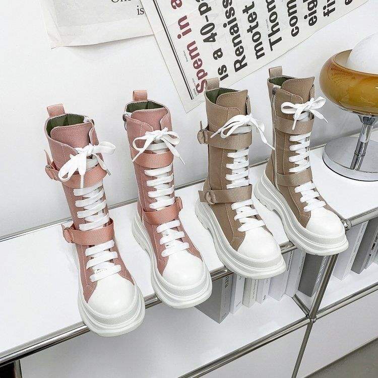2025Summer New Korean Style High-Top Canvas Martin Boots High Heel Round Toe Non-Slip Height Increasing Trend Korean Style Solid Color Series