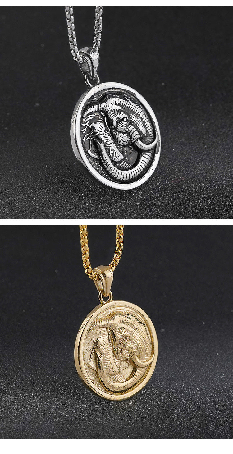 Men's Unique Titanium Steel Pendant Retro Animal Shape Necklace Jewelry Stainless Steel Round Elephant Pendant Wholesale
