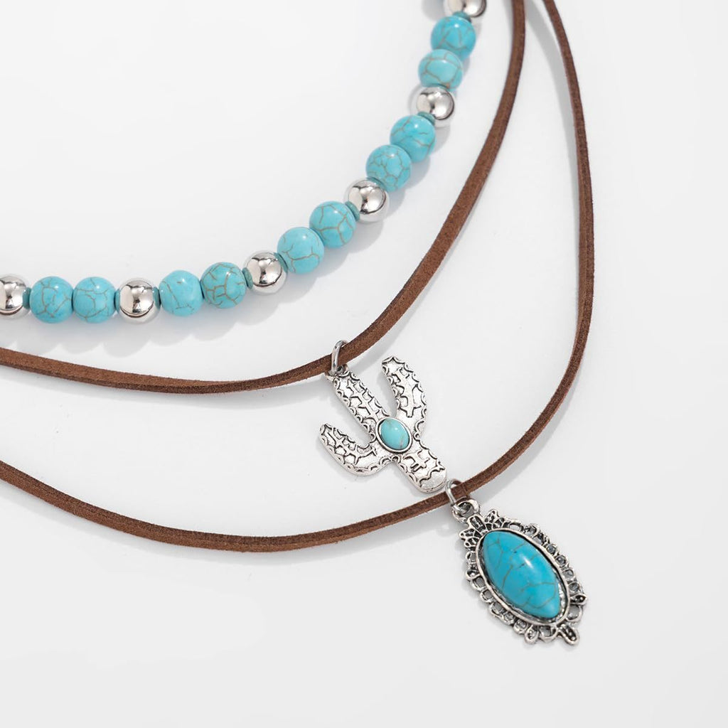 Western Cowboy Turquoise Necklace European and American Layered Necklace Set Cactus Boots Pendant Ethnic Style Retro Necklace