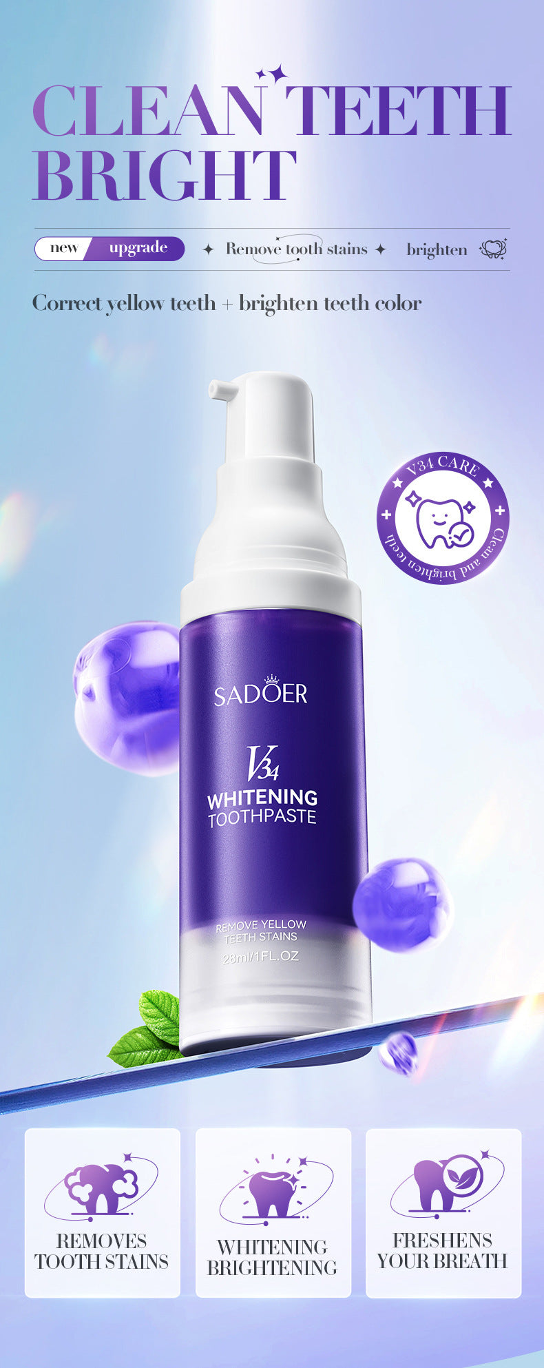 V34Whitening Toothpaste28ml SADOER Clean Teeth Clean Toothpaste Cross-Border Foreign Trade Wholesale