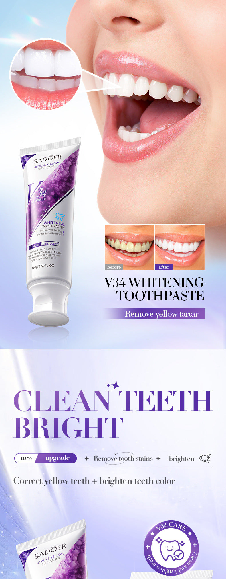 Full English V34Whitening Toothpaste SADOER Clean Tartar Brightening Toothpaste  Wholesale