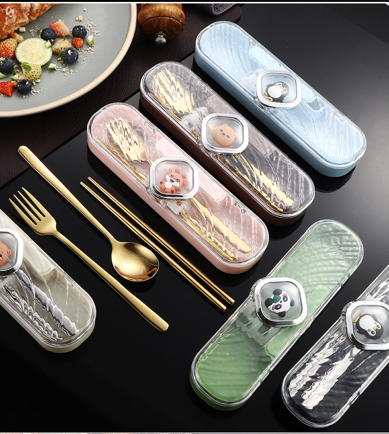 304Stainless Steel Tableware Student Cartoon Portable Tableware Set Work Outdoor Fork Spoon Chopsticks Three-piece Set