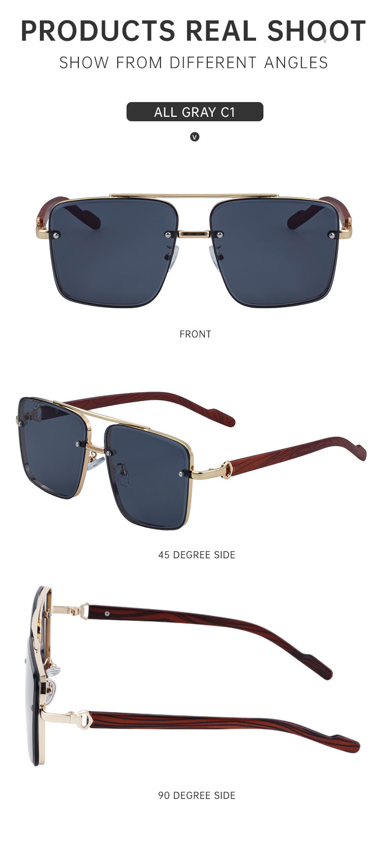 European and American Style Square Frame Cut Edge Sunglasses for Men with Imitation Wood Grain Temples, Men's Trendy Wholesale sunglass