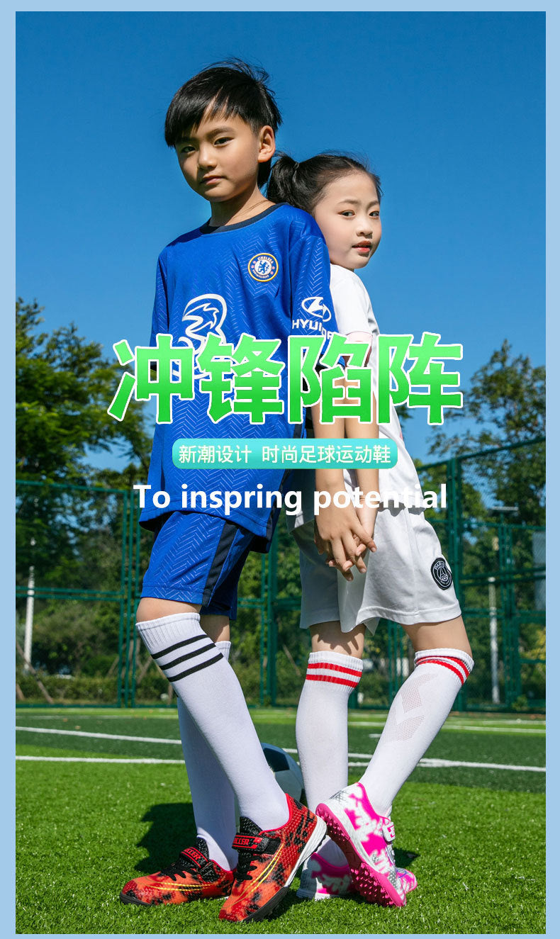 New Football Shoes for Men and Women, Children's Low-top Anti-collision Spike Magic Tape No-tie Grass Training Sports Shoes