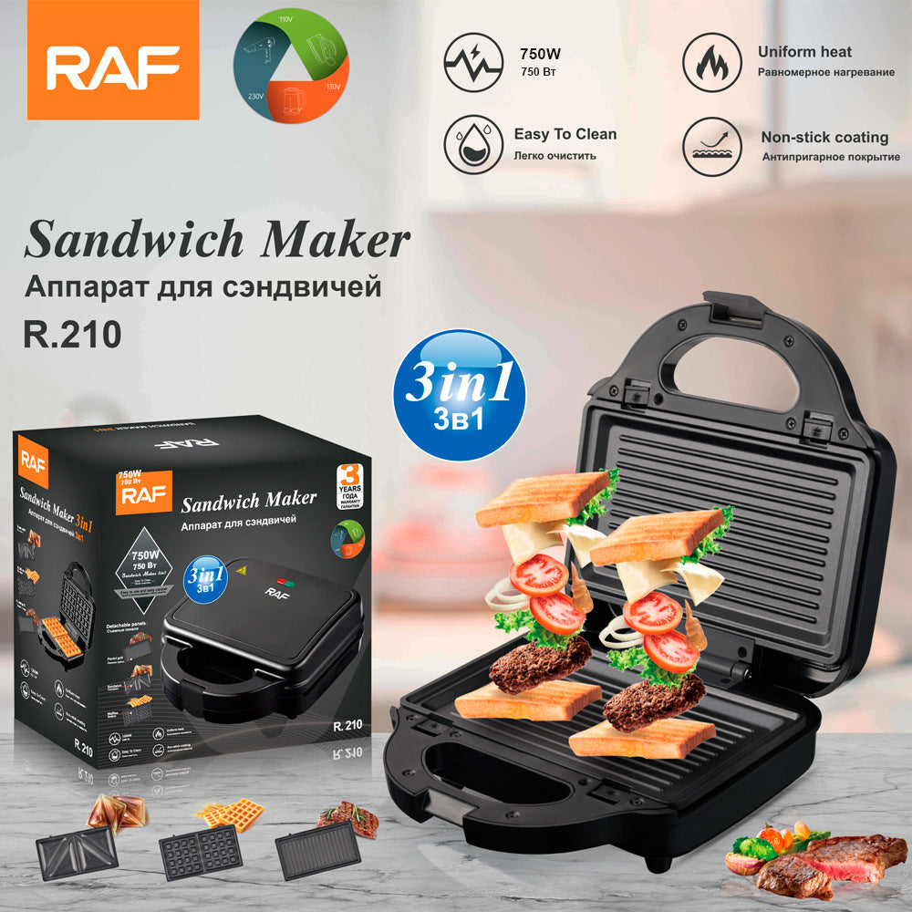 RAF EU Standard 3-in-1 Detachable Sandwich Waffle Panini Grill Steak Maker Breakfast Machine