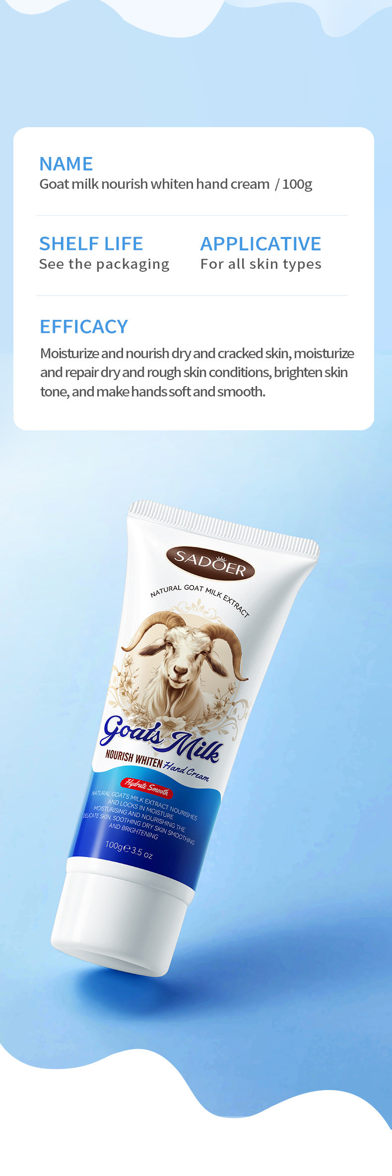 Goat Milk Whitening Hand Cream SADOER Autumn and winter moisturizing hand cream cross-border foreign trade wholesale