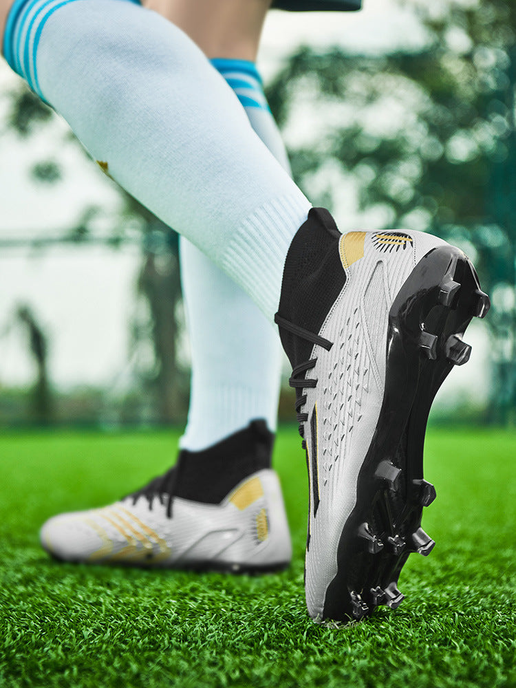High-top Unisex Youth Soccer Shoes with Broken and Long Spikes for Grass Field Competition Training Student Sports Shoes