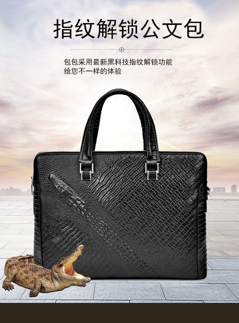 Fengeluoer Fingerprint Lock Bag Genuine Leather Men's Business Briefcase High-end Crocodile Pattern Top Layer Cowhide Handbag