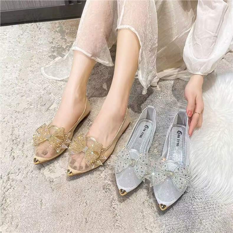Women's Summer Mesh Single Shoes2025New Rhinestone Bow Gentle Style Lady Shoes Flat Breathable Mesh Shoes Pointed Toe