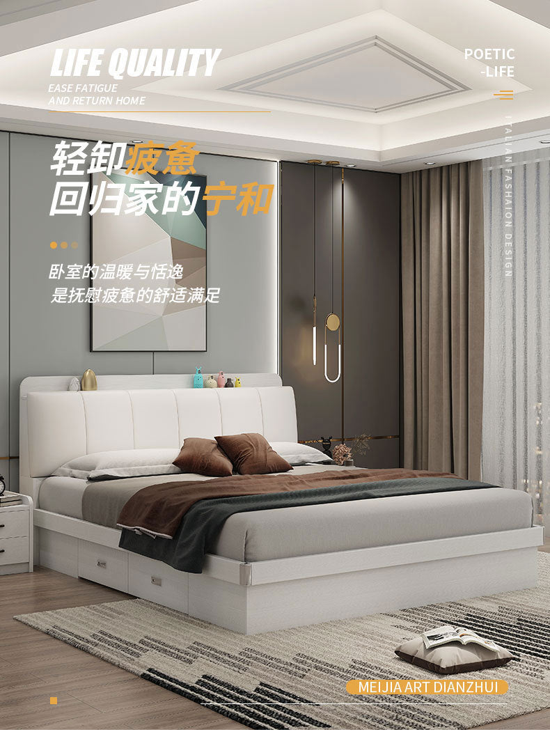 Light Luxury Master Bedroom Bed Matching Wedding Bed1.5Rice1.8Double White Leather Soft Bag High Box Storage Bed High Box Storage