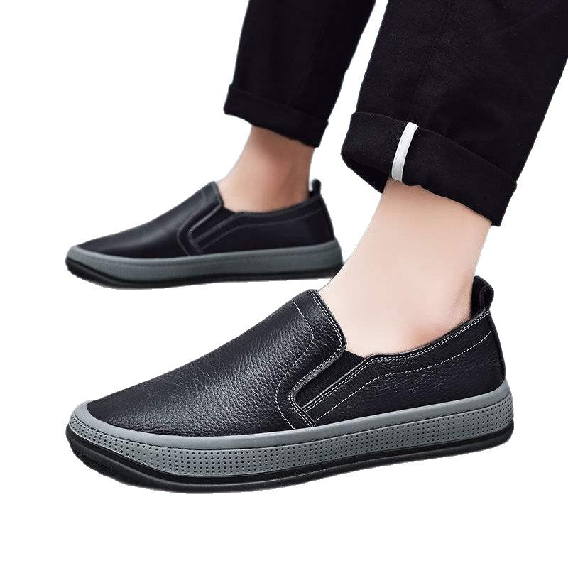 2025Spring Leather Casual Dad Shoes Round Toe Slip-On Leather Shoes Soft Sole Soft Surface Non-Slip Wear-Resistant Men's Shoes
