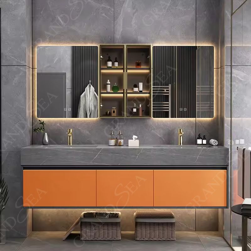 European Style Hot Selling Washroom Floating Slate Countertop Double Basin Bathroom Vanity