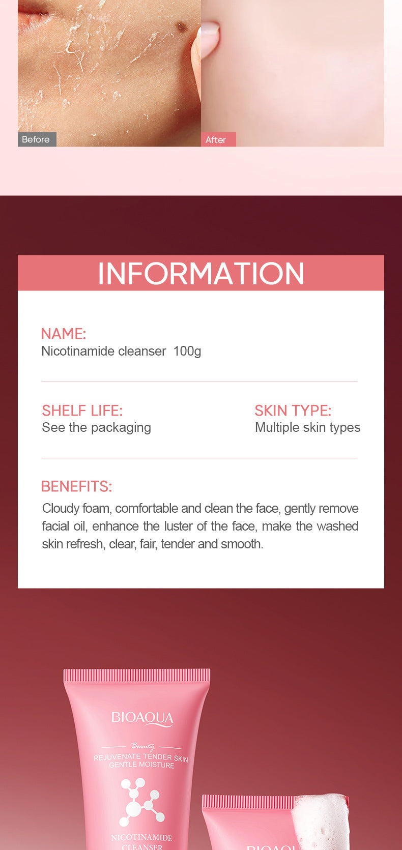 Niacinamide Skin Rejuvenating Facial Cleanser BIOAOUA Hydrating Deep Cleansing Facial Cleanser Cross-Border Foreign Trade Wholesale