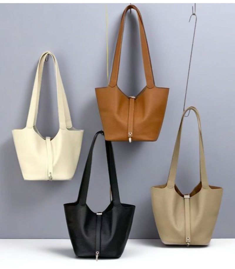 2025New Basket Bag for Women, High-End Niche Design, Large Capacity Bucket Bag, Top Layer Cowhide Handbag