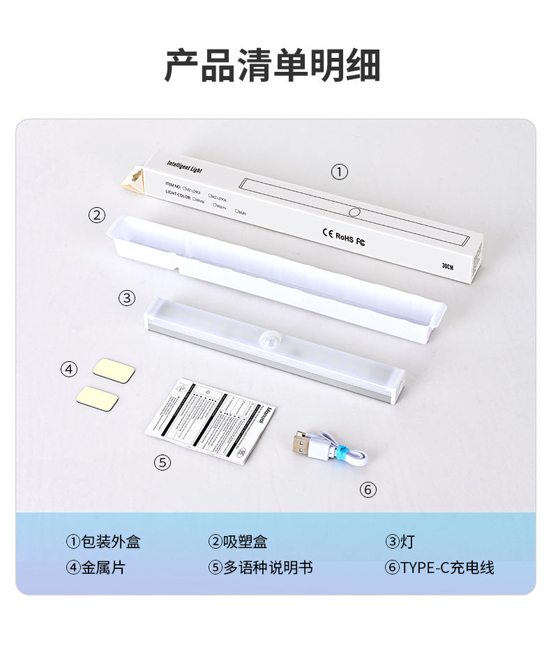 Intelligent Human Body Sensor led Rechargeable Strip Light Wiring-free Magnetic Self-adhesive Cabinet Wardrobe Light Strip