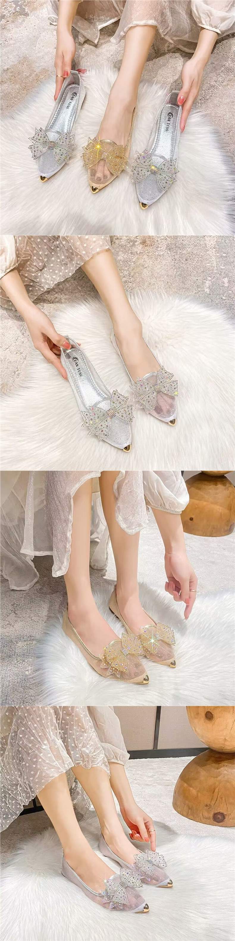Women's Summer Mesh Single Shoes2025New Rhinestone Bow Gentle Style Lady Shoes Flat Breathable Mesh Shoes Pointed Toe