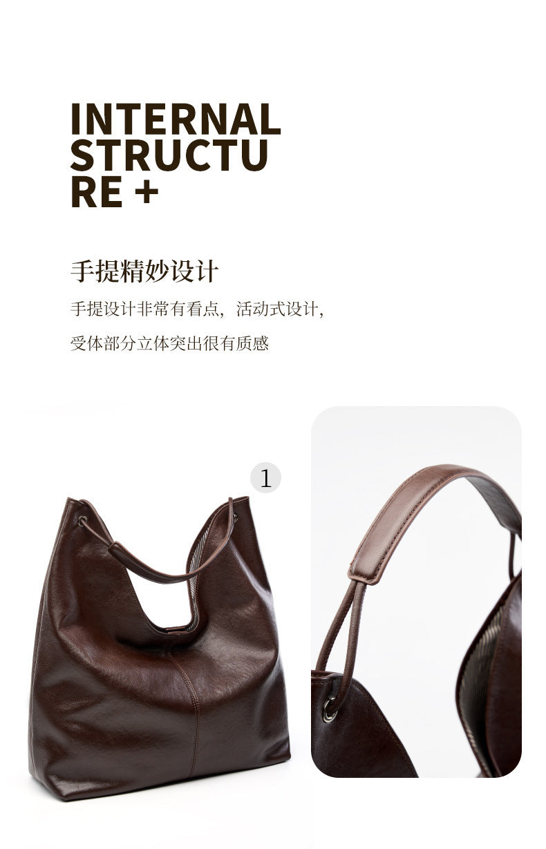 New Vegetable-Tanned Leather Trendy Large-Capacity Textured Tote Bag Versatile Shoulder Bag for Class and Commuting