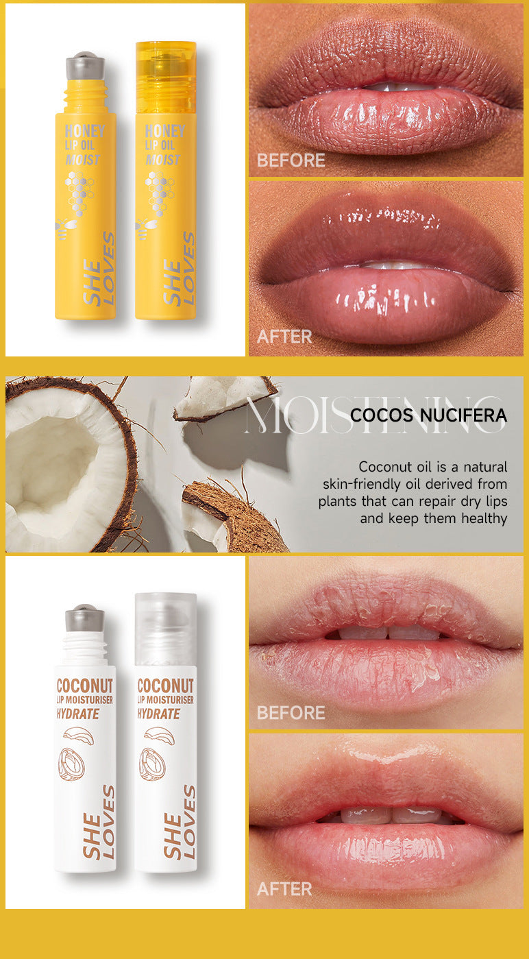 Honey Coconut Roll-On Lip Oil Long-lasting lightening lip lines moisturizing nourishing transparent glossy glass lip gloss