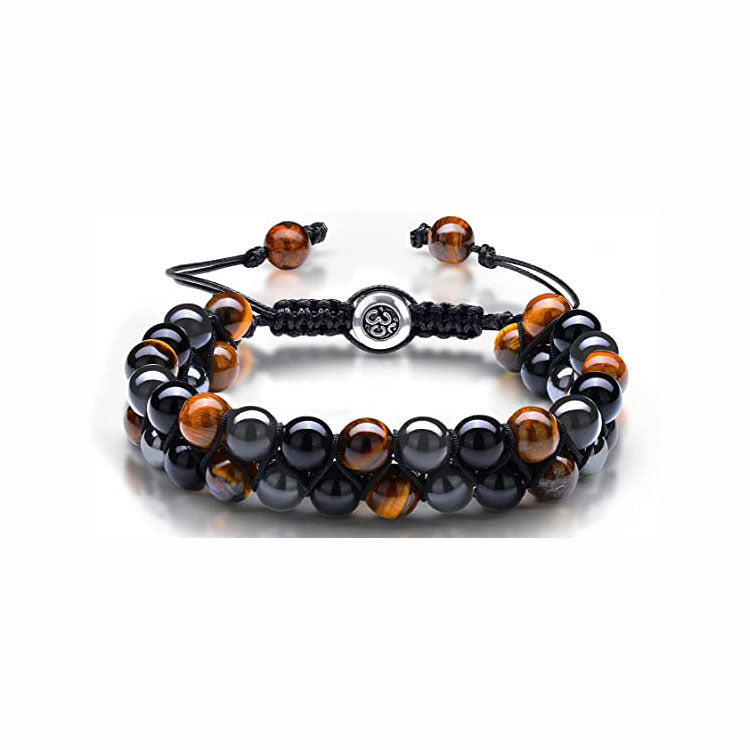 Men's Double Layer Braided Bracelet with Shiny Magnetic Stone Natural Stone Tiger Eye Double Row Braided Bracelet