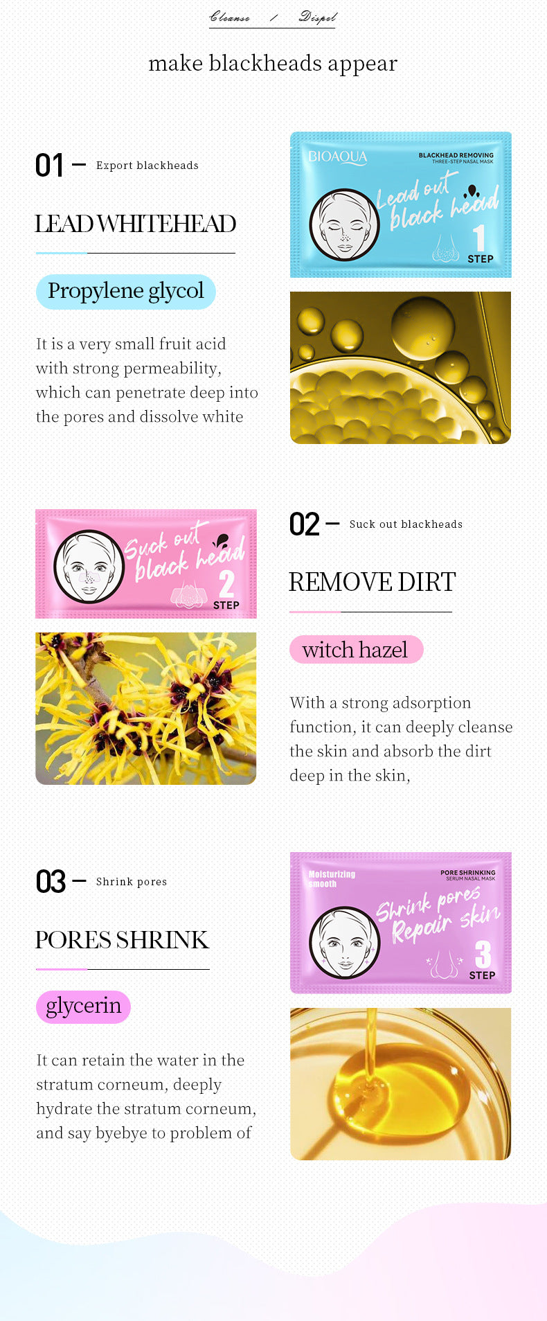 Three-Step Blackhead Removal Nose Strips BIOAOUA Clean Pores T District Nursing Set Cross-Border Wholesale